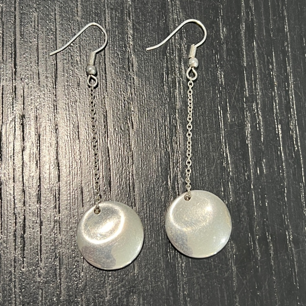 Silver Disk Style Pendant Dangle Earrings (heavy) - Picture 2 of 4